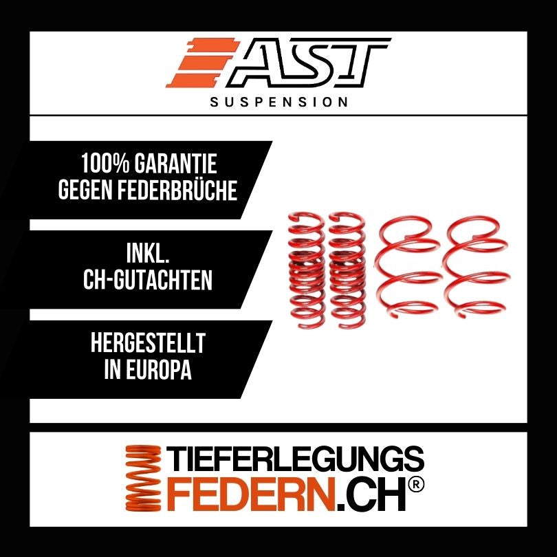 Ein Satz AST-Tieferlegungsfedern für MINI ONE + COOPER + DSL als Produktbild. Die speziell gefertigten AST-Sportfedern sind aus hochwertigem Material hergestellt und dienen dazu, das Fahrzeugniveau zu senken und das Handling zu verbessern ähnlich wie bei Eibach-, KW- oder HR-Federn.