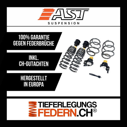 Ein Satz AST-Gewindefedern für dein Audi - A3 (2.0 TSFI) - 8Y - FWD als Produktbild. Die speziell gefertigten AST-Gewindefedern sind aus hochwertigem Material hergestellt und dienen dazu, das Fahrzeugniveau zu senken und das Handling zu verbessern.